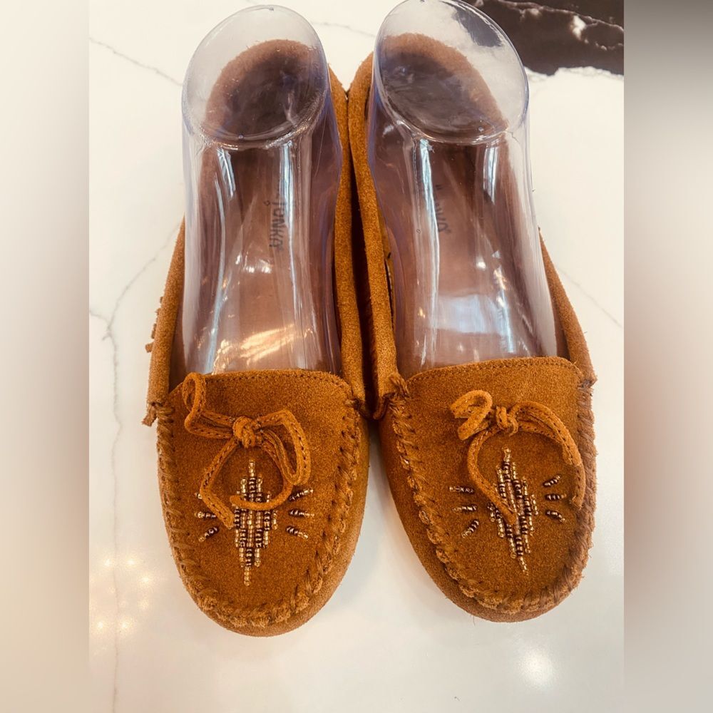 Minnetonka Tan Moccasins with Beaded Accent